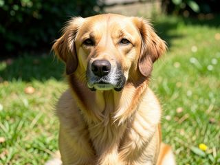 Golden retriever sitting on grass in the sun