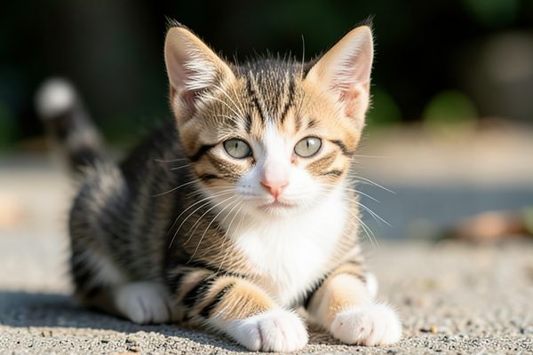 Striped kitten sitting on a stone path