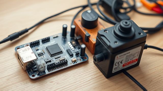 ESP32 board and a small servo on a wooden bench