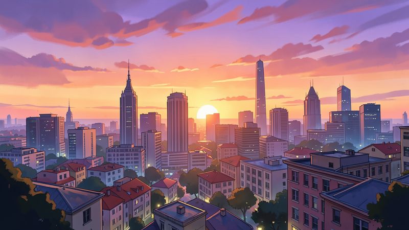 Painting of a city skyline at sunset