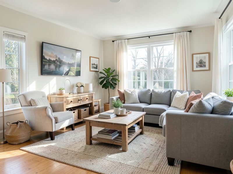 Bright living room with a sofa and wooden floor