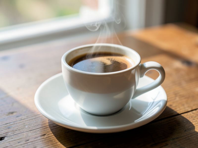 Steaming cup of coffee on a wooden table by a window